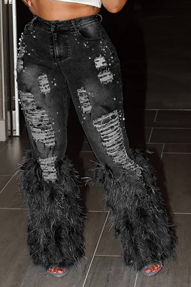 Fashion Women's Jeans Tassel Holes Vitnage Feather High Waist Y2K Streetwear Casual Denim Pant Spring Skinny Hollow Out Trousers - Image 5