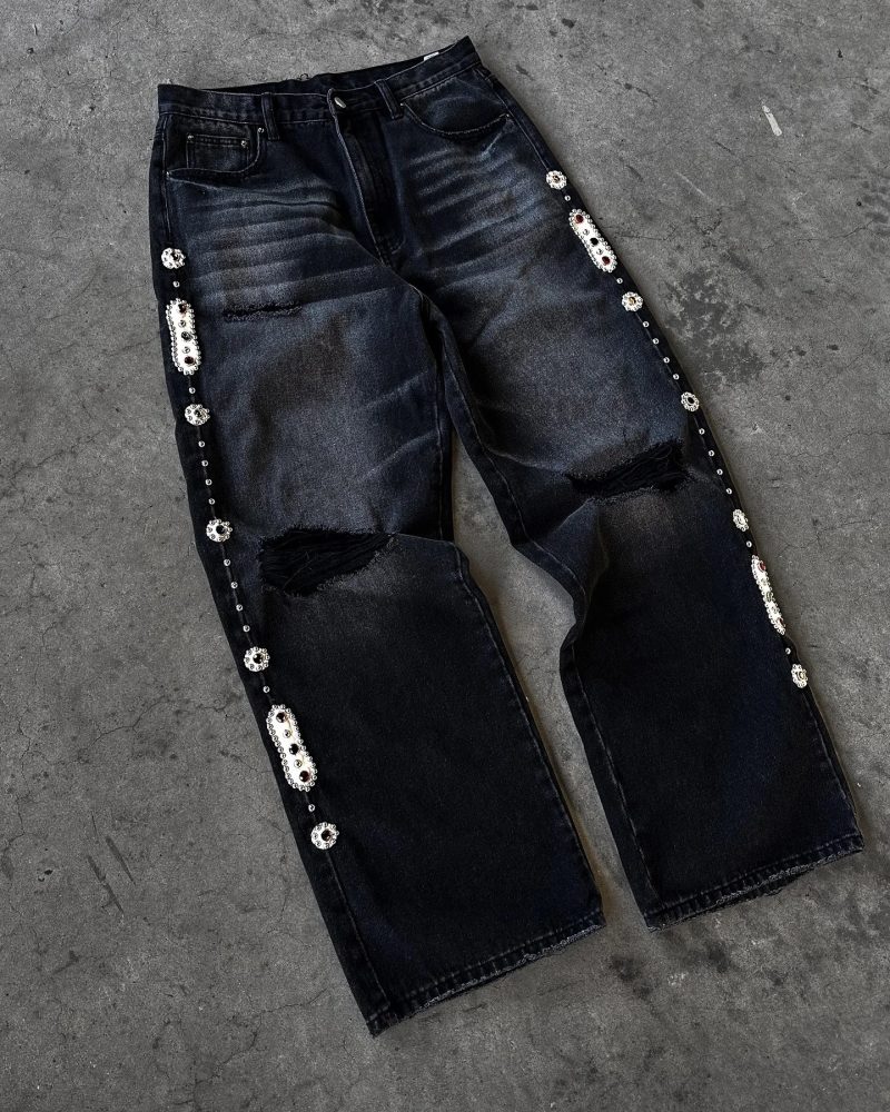 Gothic Womens Diamond Embroidery Jeans Vintage Low Rise Flared Jeans Women Retro Y2k Baggy Denim Pants High Streetwear Trousers - Image 9