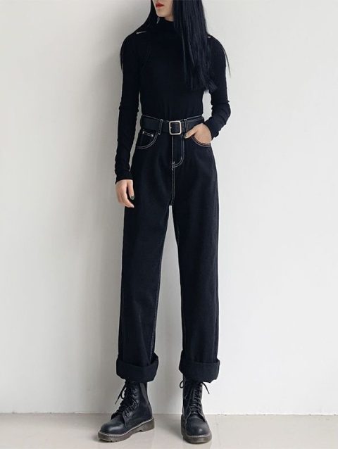 Black Straight Harem Women Jeans Spring Autumn New Preppy Style Youth Bright Line Decoration Loose High Waist Casual Pants 2024