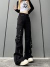 2023 Roupa Y2K Streetwear Moto Biker Black Straight Flare Cargo Jeans Pants Women Goth Clothes Harajuku Fashion Lady Trousers