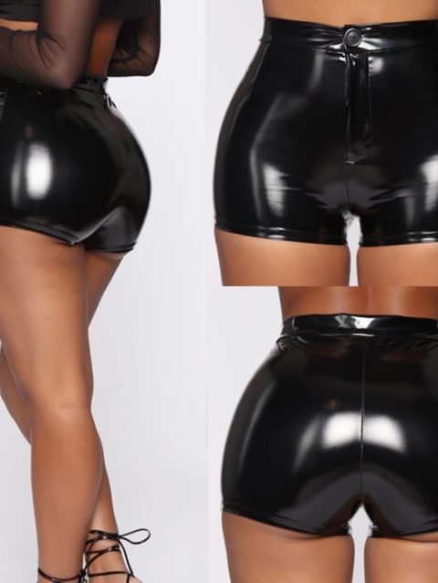Sexy Nightclub Costumes Shorts Women PU Leather Shorts High Waist Solid Color Button Black Shorts Fashion Summer