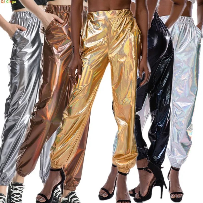 Women Shiny Glittery Street Hip-hop Party Sparkly Long Pants, Loose Casual Sports Trousers Green Gold Silver Black Optional