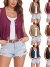 Women Faux Suede Ethnic Sleeveless For Jacket Rivet Fringe Tassels Hippie Open Front Cardigan Vintage Cowgirl Waistcoat Vest