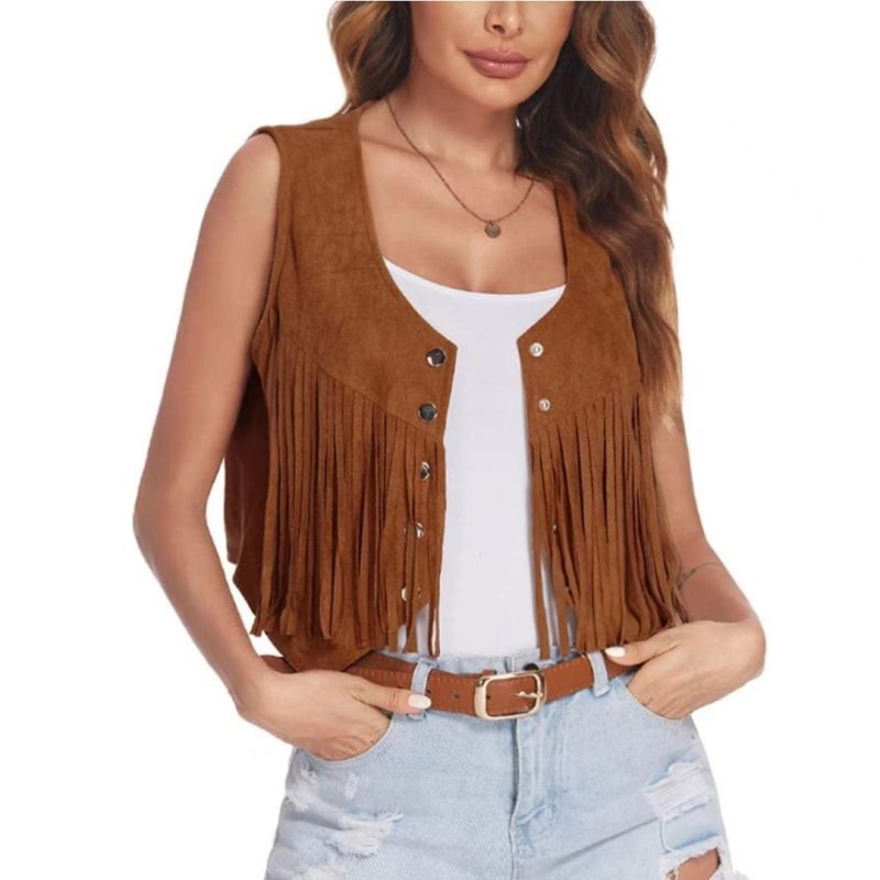 Women Faux Suede Ethnic Sleeveless For Jacket Rivet Fringe Tassels Hippie Open Front Cardigan Vintage Cowgirl Waistcoat Vest - Image 7
