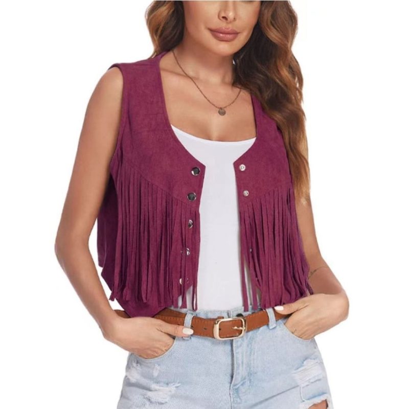 Women Faux Suede Ethnic Sleeveless For Jacket Rivet Fringe Tassels Hippie Open Front Cardigan Vintage Cowgirl Waistcoat Vest - Image 8