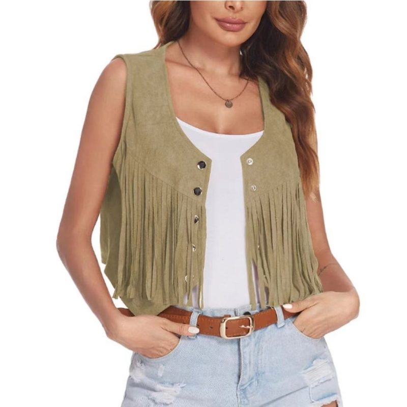 Women Faux Suede Ethnic Sleeveless For Jacket Rivet Fringe Tassels Hippie Open Front Cardigan Vintage Cowgirl Waistcoat Vest - Image 9