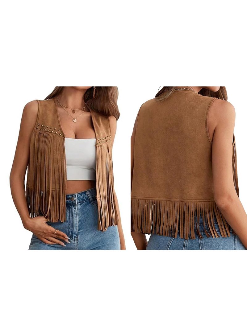 Vintage Fringe Suede Jacket 70s Boho Hippie Outfit Sleeveless Open Front Vest Western Cowgirl Coat Retro Fashion Trend - Image 2