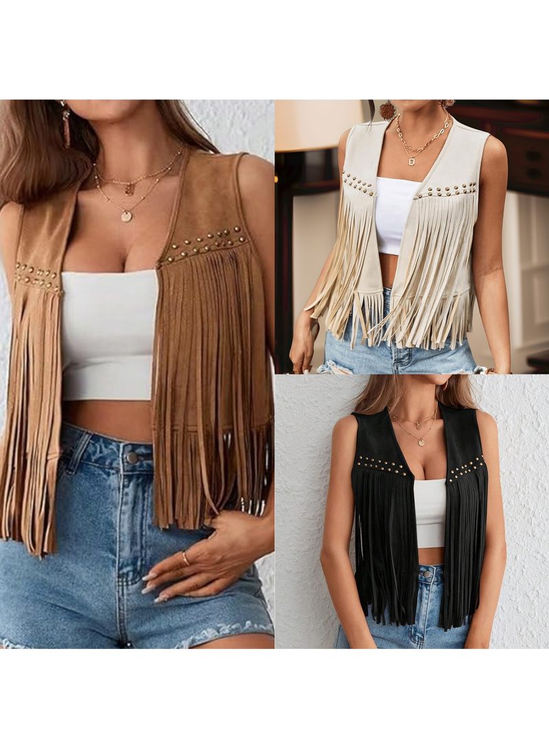 Vintage Fringe Suede Jacket 70s Boho Hippie Outfit Sleeveless Open Front Vest Western Cowgirl Coat Retro Fashion Trend - Image 5
