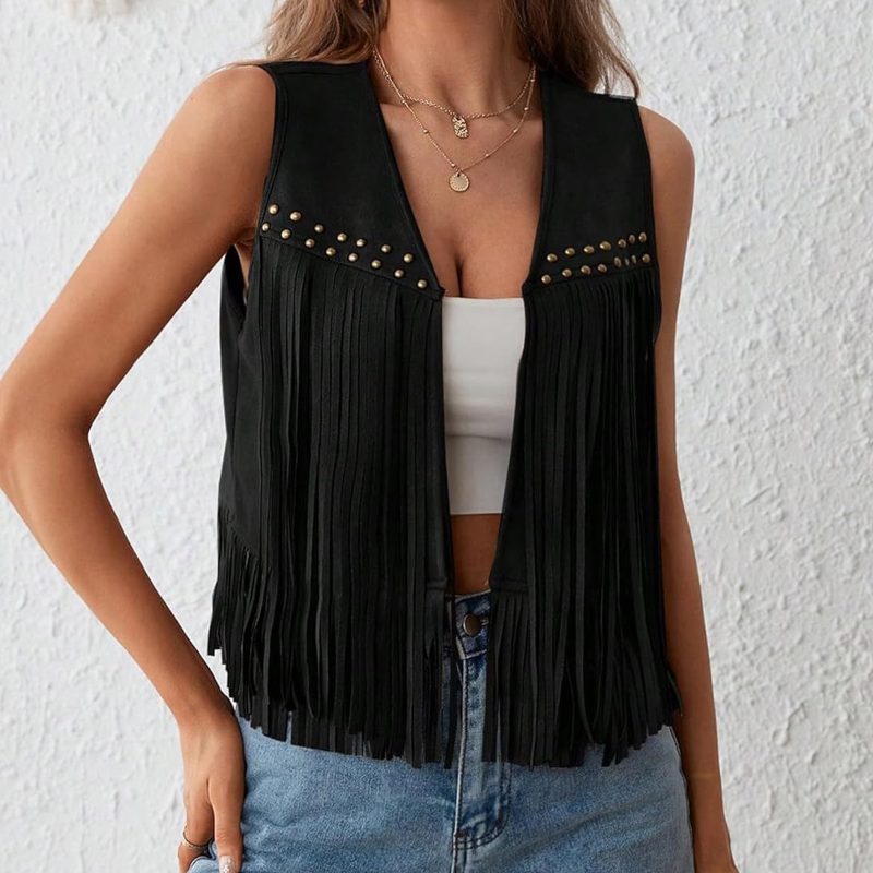 Vintage Fringe Suede Jacket 70s Boho Hippie Outfit Sleeveless Open Front Vest Western Cowgirl Coat Retro Fashion Trend - Image 6
