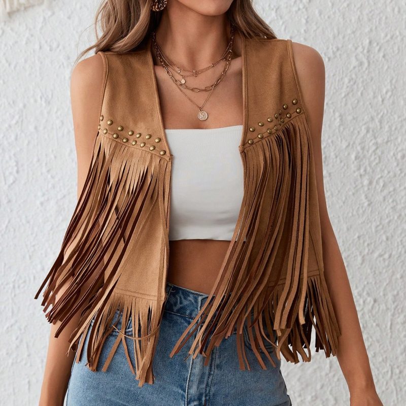 Vintage Fringe Suede Jacket 70s Boho Hippie Outfit Sleeveless Open Front Vest Western Cowgirl Coat Retro Fashion Trend - Image 7