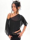 CUTENOVA Hottie Girls Two Piece Solid Color Camisole + Sexy Neckless Waistless Mesh Shoulder Slash Ruffled Hem Outfit Streetwear