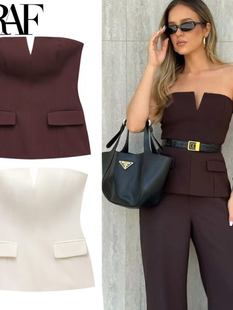 TRAF Tops For Women Strapless Off White Crop Top Woman Summer Corset Tube Tops Sexys Backless Tank Top Sleeveless Solid Tops