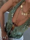 Sexy Deep V Neck Beach Tank Tops Women y2k Coquette Summer Sequins Patchwork Sleeveless Vest Vacation Backless Beach Tops