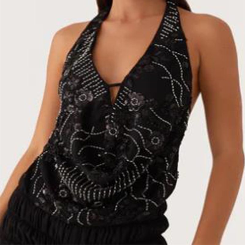 Sexy Deep V Neck Beach Tank Tops Women y2k Coquette Summer Sequins Patchwork Sleeveless Vest Vacation Backless Beach Tops - Image 7