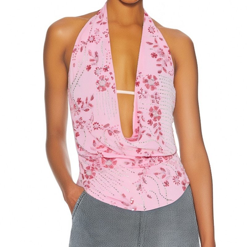 Sexy Deep V Neck Beach Tank Tops Women y2k Coquette Summer Sequins Patchwork Sleeveless Vest Vacation Backless Beach Tops - Image 11