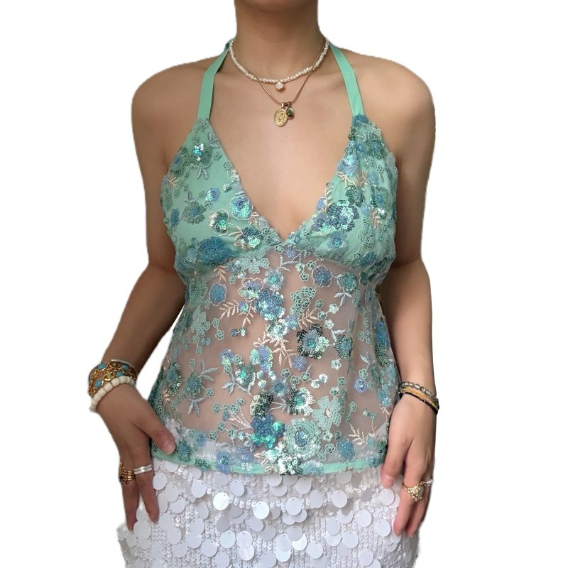 Sexy Deep V Neck Beach Tank Tops Women y2k Coquette Summer Sequins Patchwork Sleeveless Vest Vacation Backless Beach Tops - Image 18
