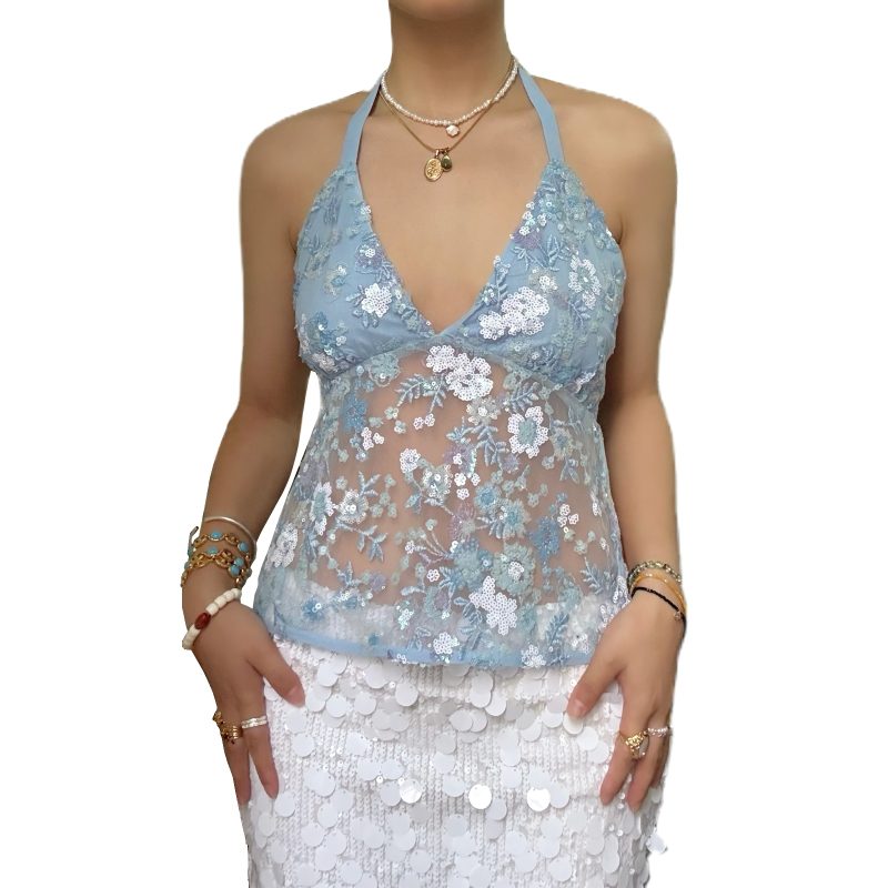 Sexy Deep V Neck Beach Tank Tops Women y2k Coquette Summer Sequins Patchwork Sleeveless Vest Vacation Backless Beach Tops - Image 19
