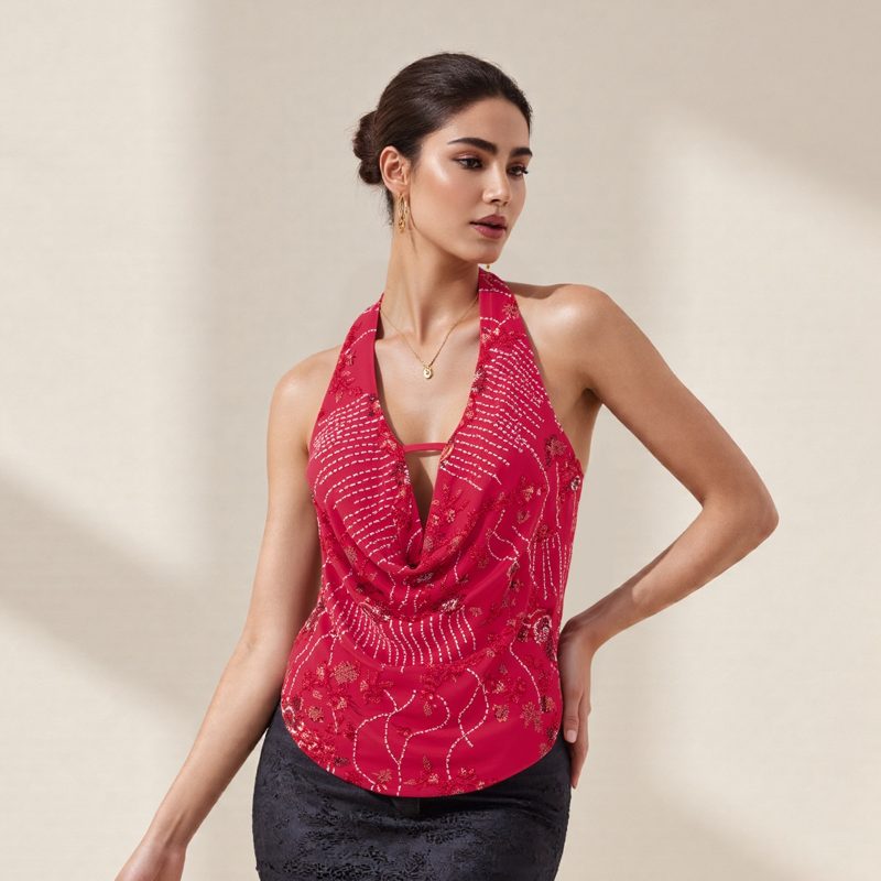 Sexy Deep V Neck Beach Tank Tops Women y2k Coquette Summer Sequins Patchwork Sleeveless Vest Vacation Backless Beach Tops - Image 26
