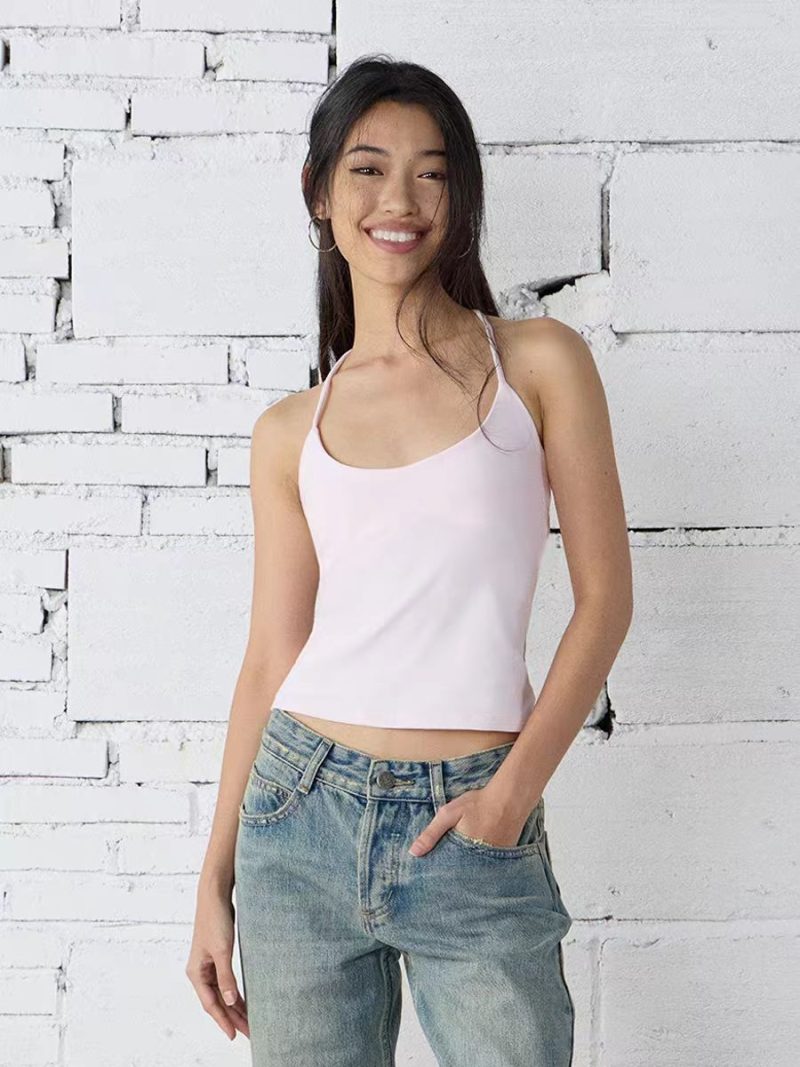 ank air multi-color lace up neck vest with cherry pink suspender and hollowed out back design for women's summer - Image 3
