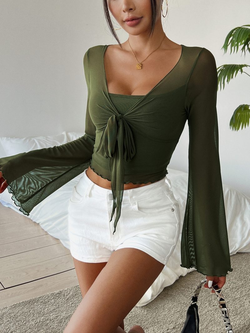 Solid Color V-neck Ruched T-Shirt Elegant Flare Sleeve Tie Front T-Shirt For Spring Fall Women's Clothing - Image 5