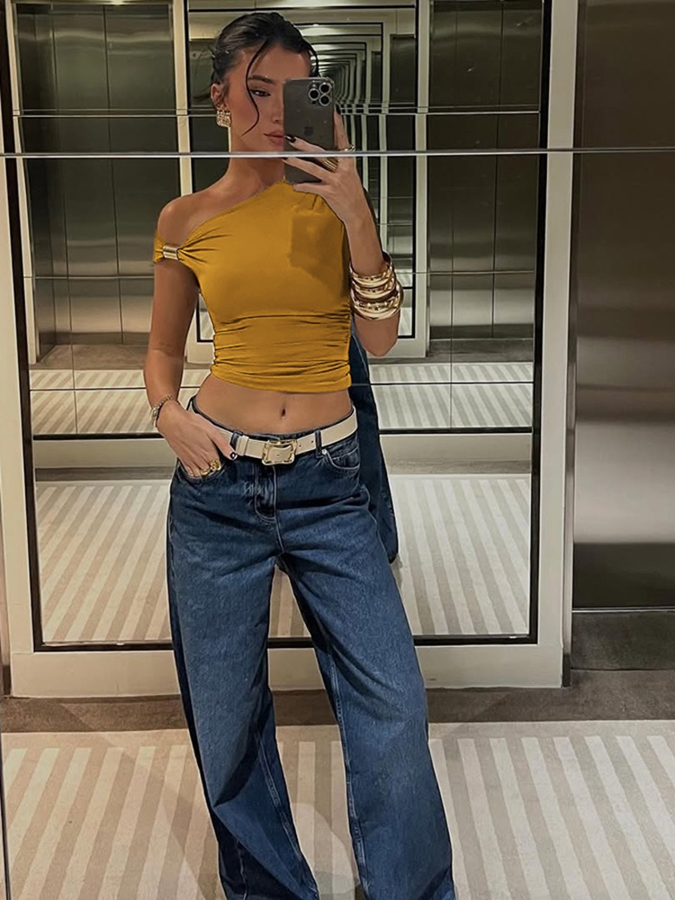 Weird Puss Irregular Off Shoulder T-Shirts Women Ruched Fashion Skew Collar Single Sleeve Daily Casual Solid Simple Streetwear - Image 3