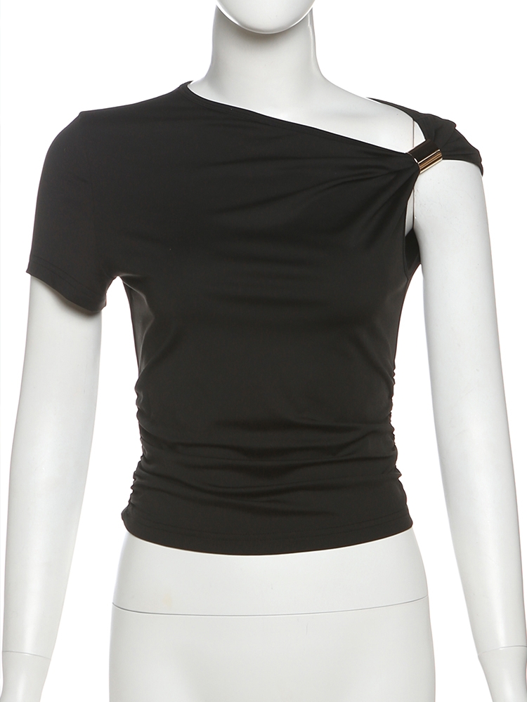 Weird Puss Irregular Off Shoulder T-Shirts Women Ruched Fashion Skew Collar Single Sleeve Daily Casual Solid Simple Streetwear - Image 6