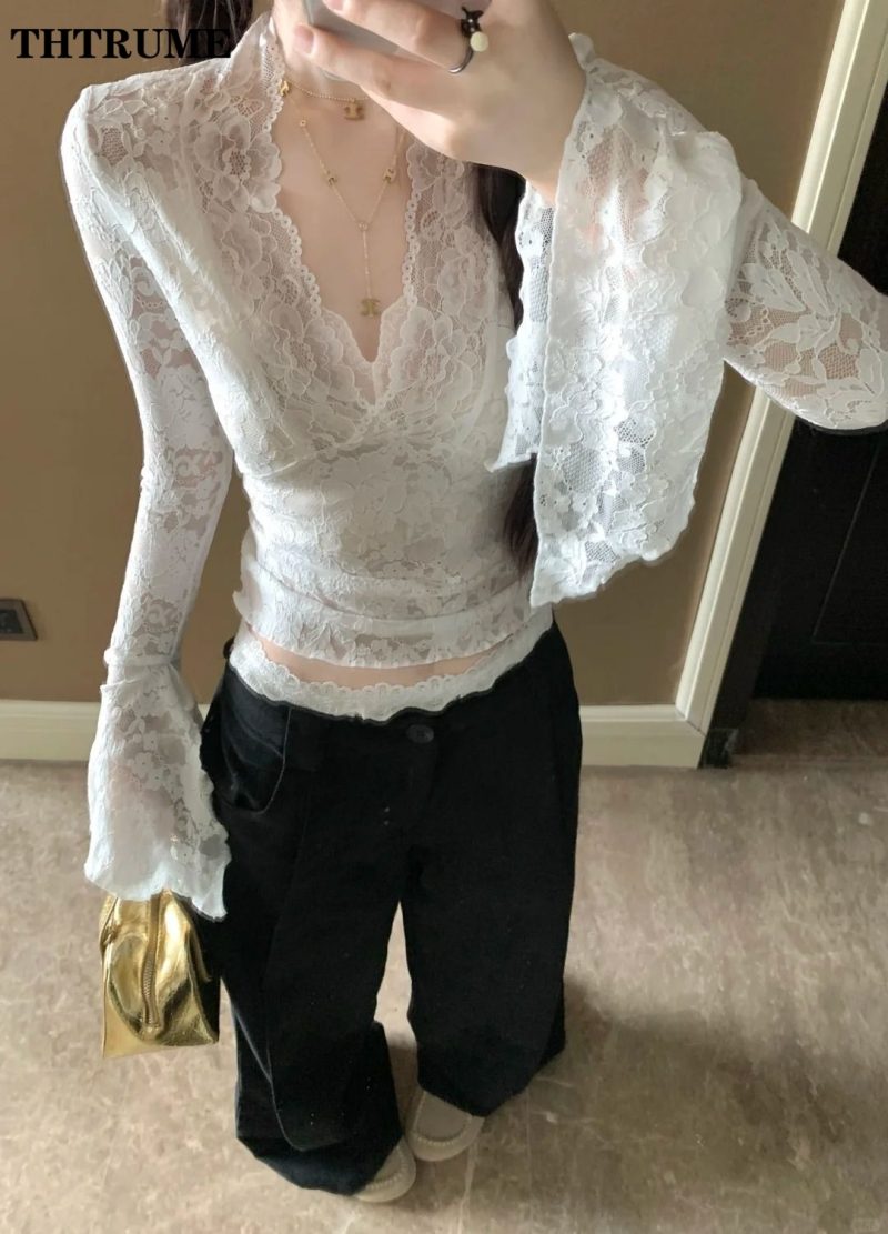 Sexy V-Neck Sheer T-Shirts Fashion Women Flare Long Sleeve Spring Lace Slim Pullovers Tops Casual Evening Party Club Chic Tees - Image 2