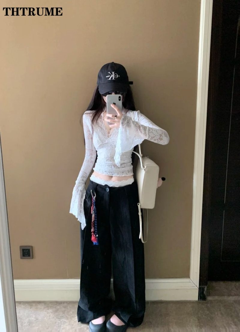 Sexy V-Neck Sheer T-Shirts Fashion Women Flare Long Sleeve Spring Lace Slim Pullovers Tops Casual Evening Party Club Chic Tees - Image 3