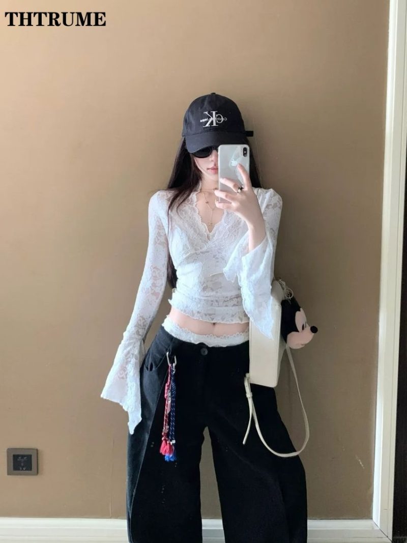Sexy V-Neck Sheer T-Shirts Fashion Women Flare Long Sleeve Spring Lace Slim Pullovers Tops Casual Evening Party Club Chic Tees - Image 4