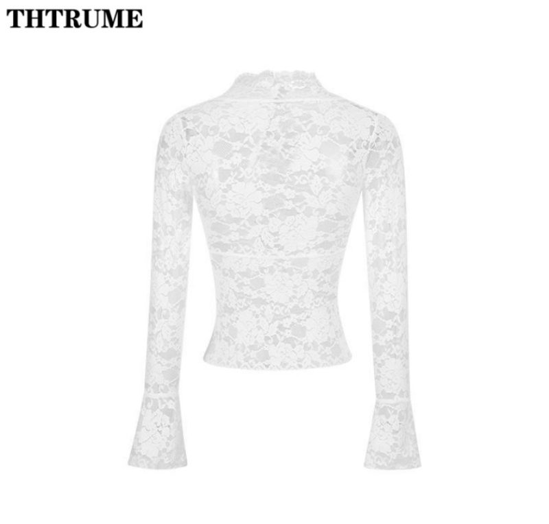 Sexy V-Neck Sheer T-Shirts Fashion Women Flare Long Sleeve Spring Lace Slim Pullovers Tops Casual Evening Party Club Chic Tees - Image 6