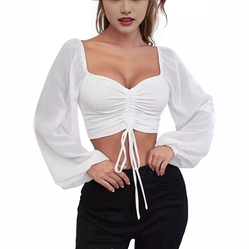 Sexy Women Mesh Lantern Sleeves Drawstring Wrap Chest Bare Midriff T Shirt Women Long Sleeves Bottoming - Image 9