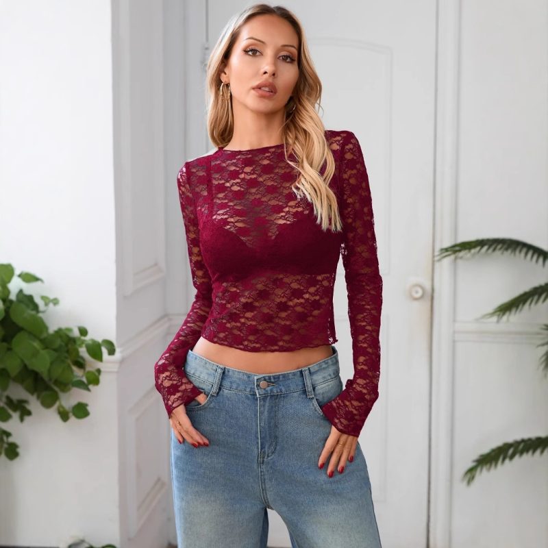 Sexy Lace Hot Girl Crop Tops Fashion Women Spring Summer Long Sleeve Slim Fit Sheer T-Shirts Casual Streetwear Solid Basic Tees - Image 3