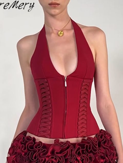 WhereMery Fashion Cross Tie Zipper Slim Women's Vest Sexy Off Shoulder Backless Sleeveless Halter Top Casual Summer Street Camis