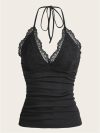 Black Lace Patchwork Halter Top Women Summer Solid Ruched Backless Sleeveless Tank Top Streetwear Clothes