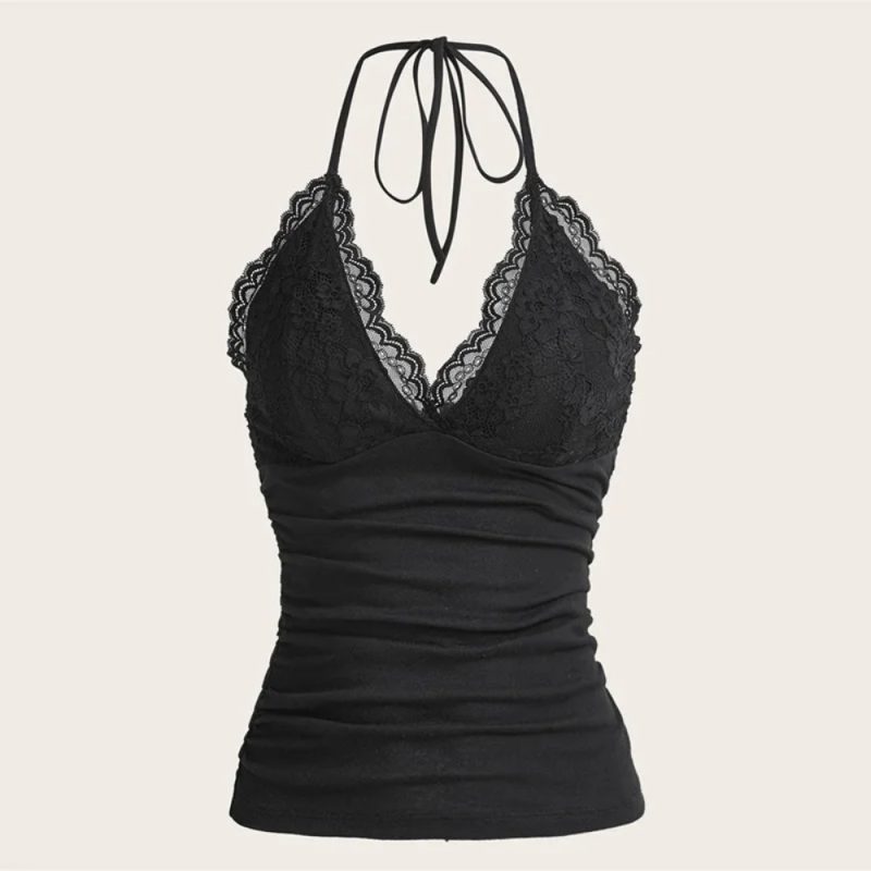 Black Lace Patchwork Halter Top Women Summer Solid Ruched Backless Sleeveless Tank Top Streetwear Clothes - Image 2