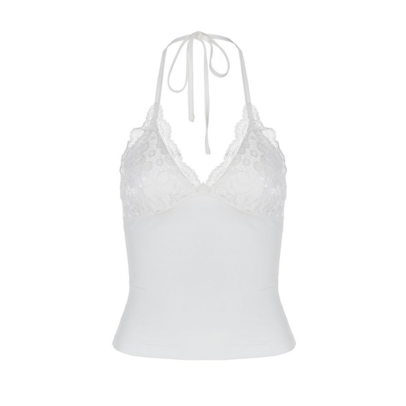 Black Lace Patchwork Halter Top Women Summer Solid Ruched Backless Sleeveless Tank Top Streetwear Clothes - Image 5