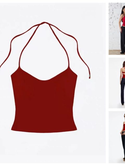 Tank summer red lace up halter top with cherry pink suspender and hollowed out back design