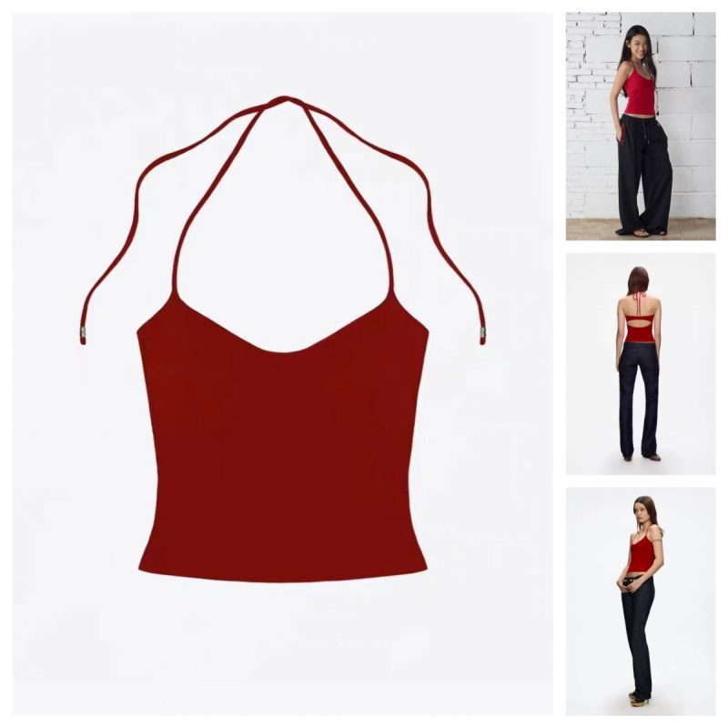 Tank summer red lace up halter top with cherry pink suspender and hollowed out back design