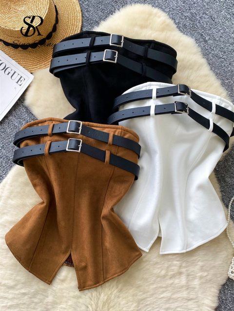 SINGREINY American Retro Fake Suede Tank Top Women Strapless Sashes Design Sexy Blouse Streetwear Irregular Vintage Camisole