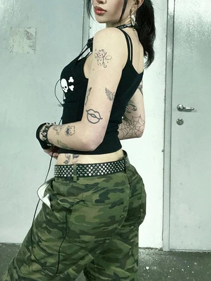 Women Goth Tank Tops Vintage Skull Print Backless Low Cut Camisoles Grunge Sleeveless Fit Shirt Streetwear - Image 2