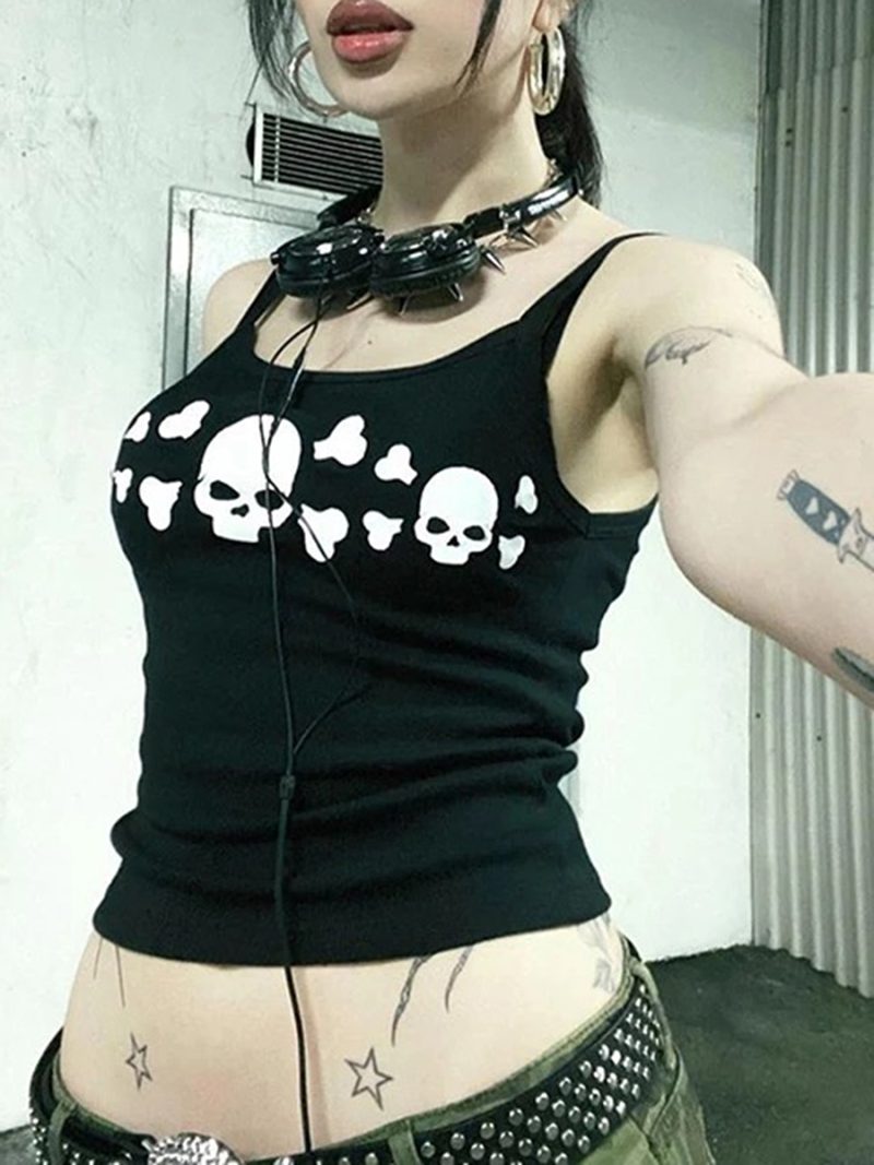 Women Goth Tank Tops Vintage Skull Print Backless Low Cut Camisoles Grunge Sleeveless Fit Shirt Streetwear - Image 3