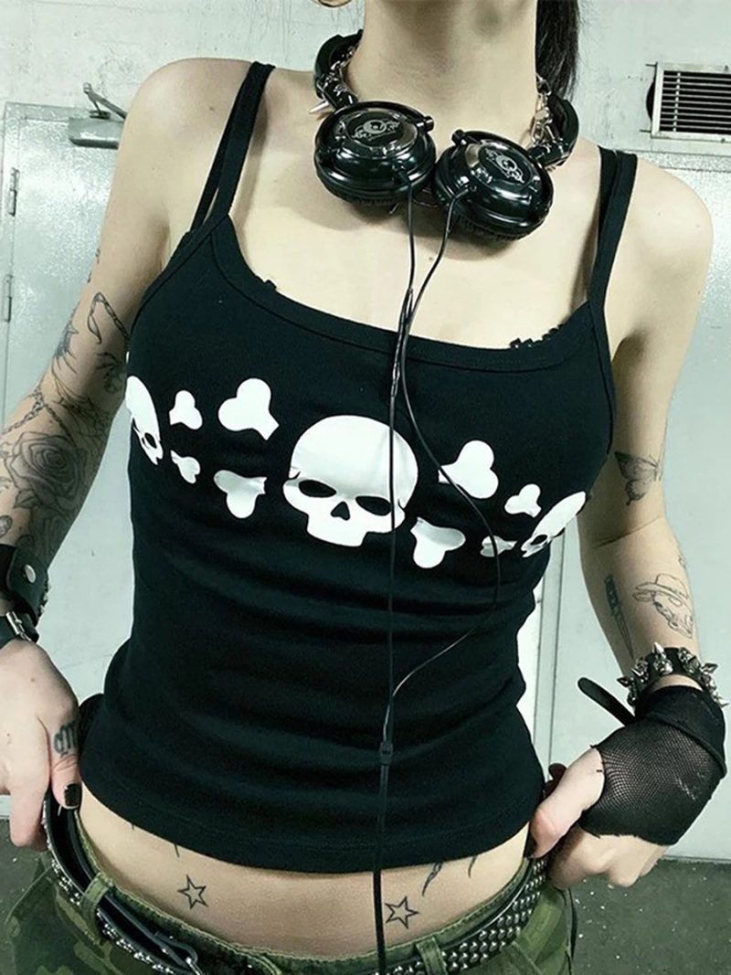 Women Goth Tank Tops Vintage Skull Print Backless Low Cut Camisoles Grunge Sleeveless Fit Shirt Streetwear - Image 4