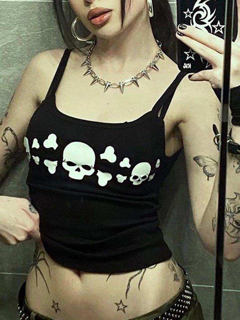 Women Goth Tank Tops Vintage Skull Print Backless Low Cut Camisoles Grunge Sleeveless Fit Shirt Streetwear - Image 5