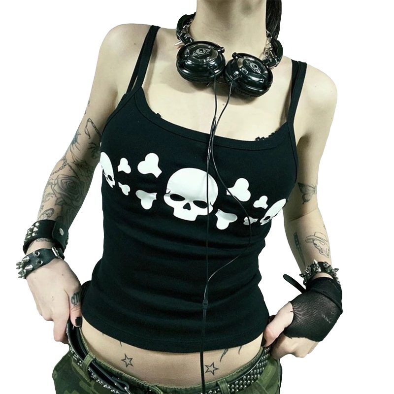 Women Goth Tank Tops Vintage Skull Print Backless Low Cut Camisoles Grunge Sleeveless Fit Shirt Streetwear - Image 6