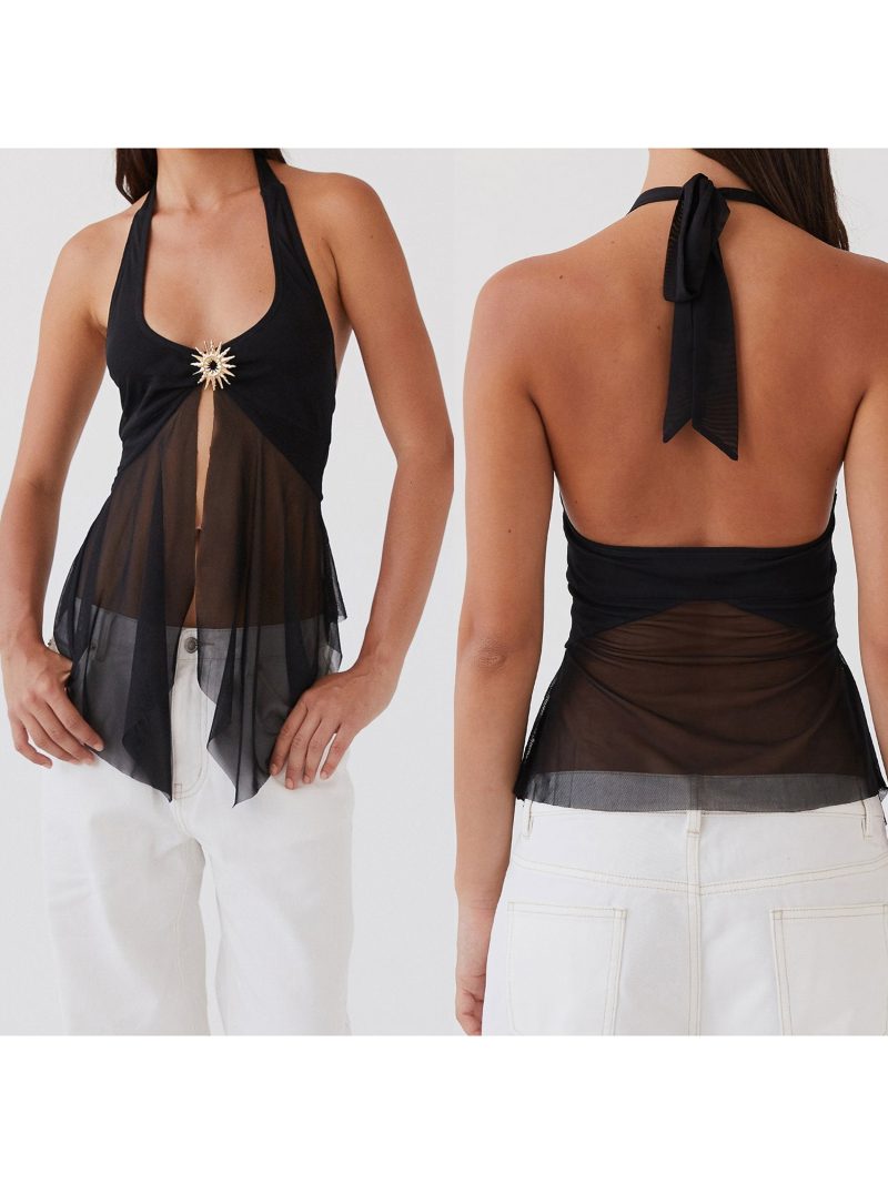 Vintage Lace Trimmed Sleeveless Halter Top with Open Back and Sheer Mesh Detailing for Edgy Street Style Fashionistas - Image 3