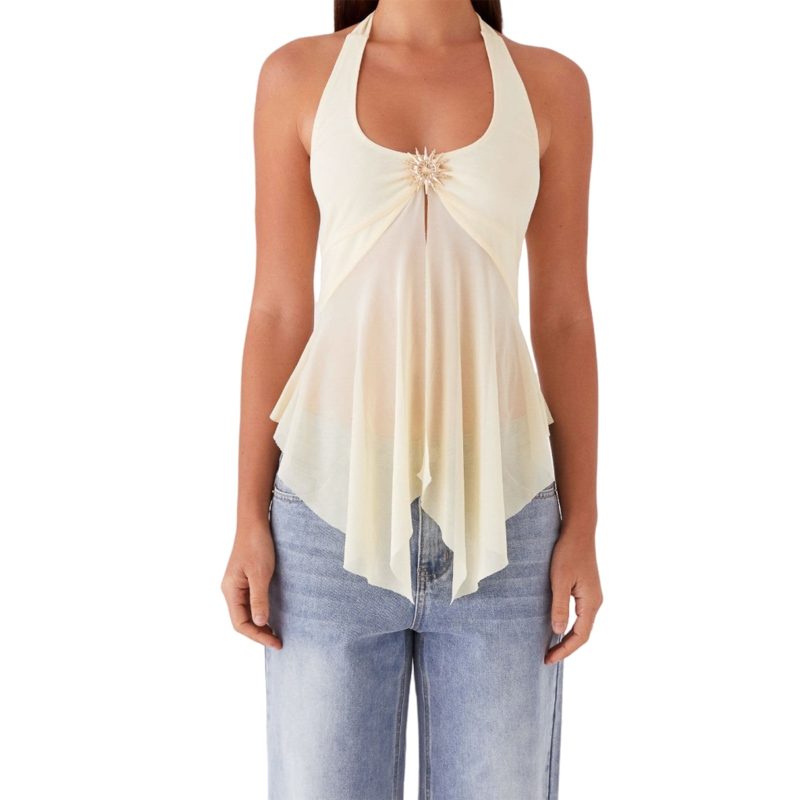 Vintage Lace Trimmed Sleeveless Halter Top with Open Back and Sheer Mesh Detailing for Edgy Street Style Fashionistas - Image 7