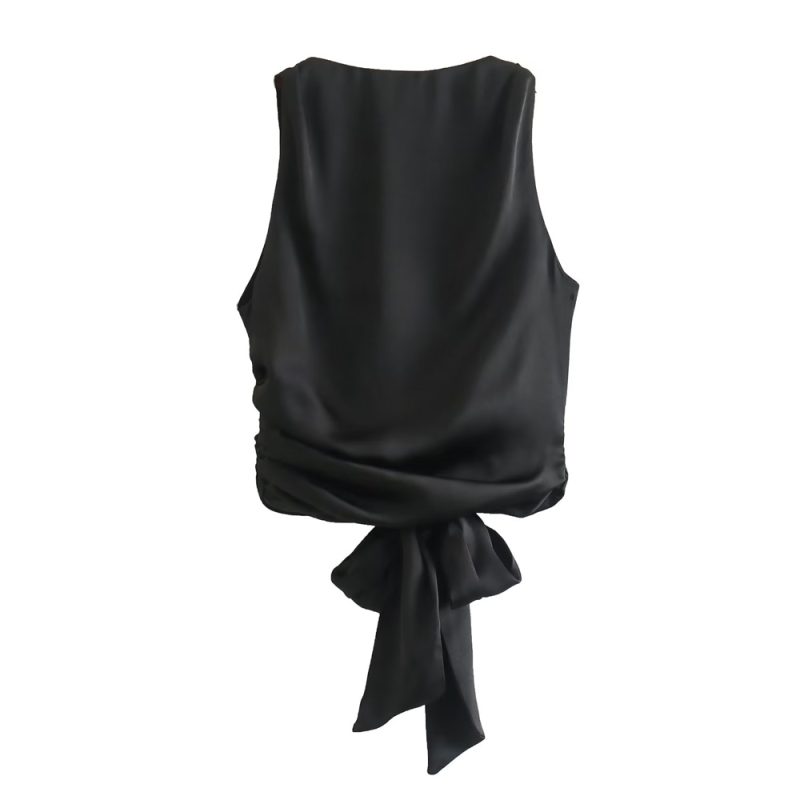 TRZA Women Sexy Fashion With Tied Satin Back Open Crop Blouses O Neck Sleeveless Female Shirts Blusas Chic Tops - Image 7