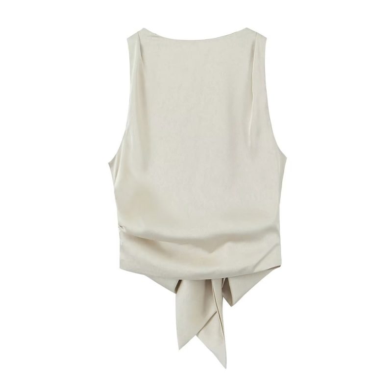 TRZA Women Sexy Fashion With Tied Satin Back Open Crop Blouses O Neck Sleeveless Female Shirts Blusas Chic Tops - Image 8