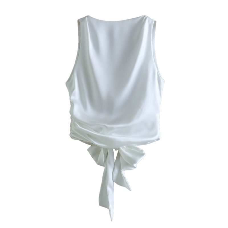 TRZA Women Sexy Fashion With Tied Satin Back Open Crop Blouses O Neck Sleeveless Female Shirts Blusas Chic Tops - Image 9