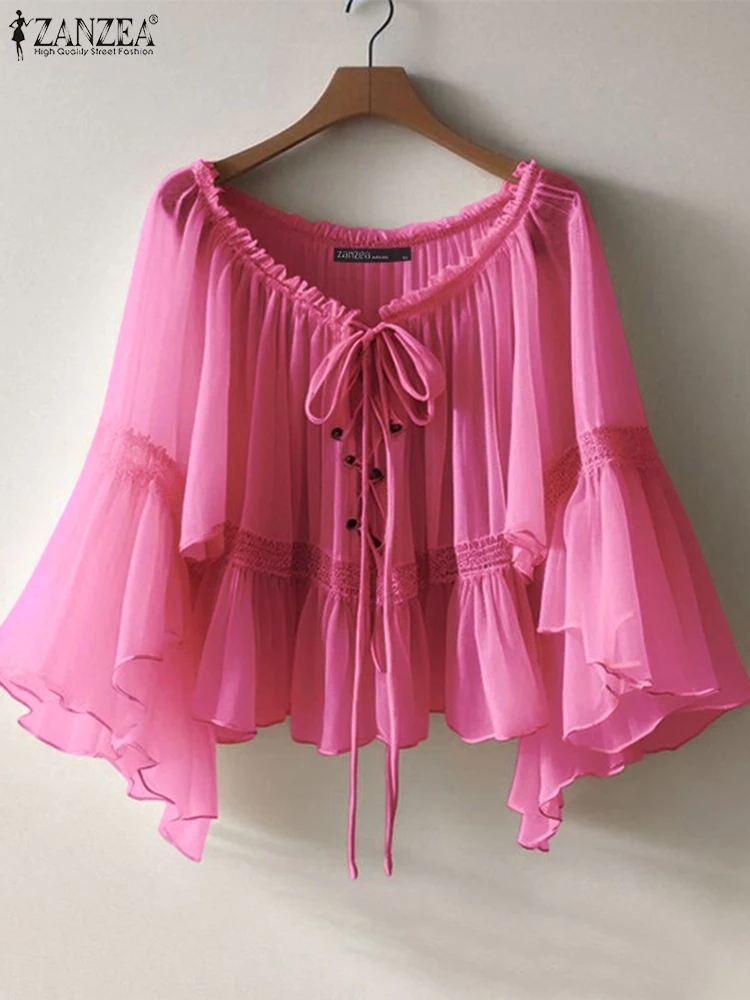 ZANZEA Women Vintage Chiffon Blouse Casual Loose 3/4 Flare Sleeve Short Tops 2025 Summer Seethrough V-neck Pleating Blusas Femme - Image 2